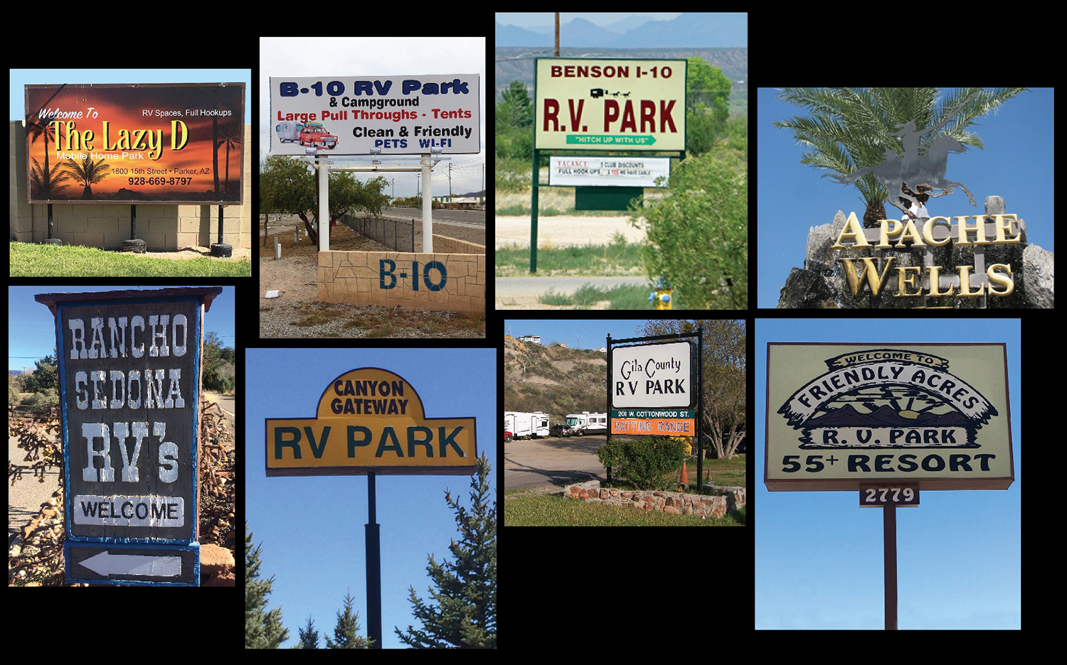 Signs at the entrances to RV Campgrounds and Parks in the Western United States - Arizona - Troyer Products, Elkhart IN